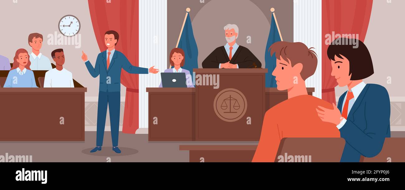 Court judgment, law justice concept vector illustration. Cartoon advocate lawyer or prosecutor character giving speech in front of judge, jury in Stock Vector