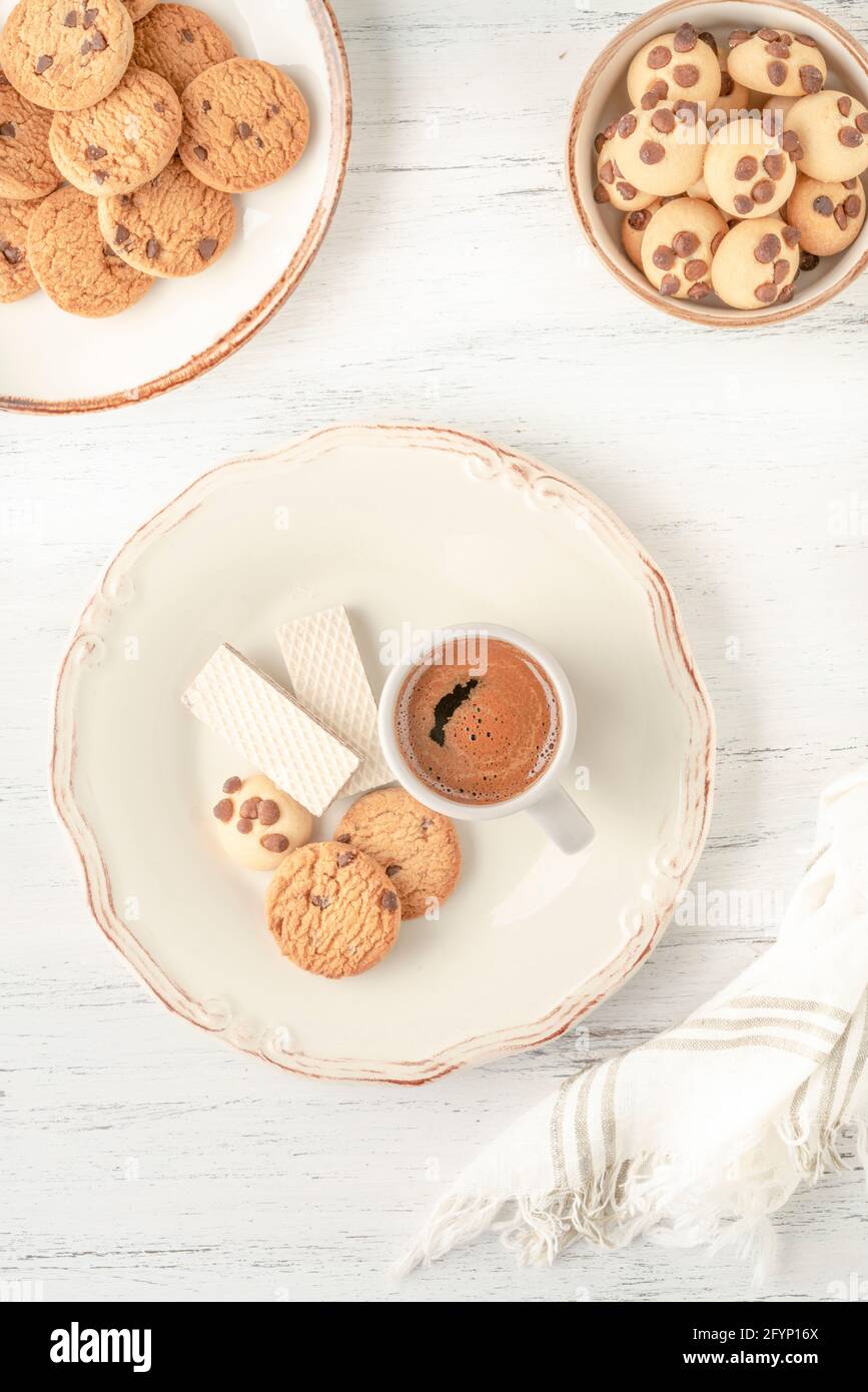 Turkish coffee served with variety of cookie and biscuits on table Stock Photo