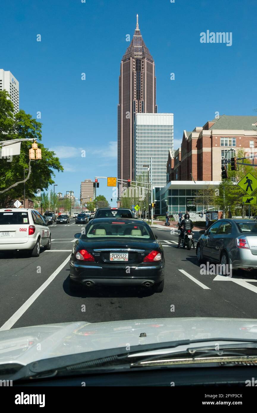 Driver-view of Midtown Atlanta, Georgia, traffic from North Avenue in front of Georgia Tech's Bobby Dodd Stadium. (USA) Stock Photo