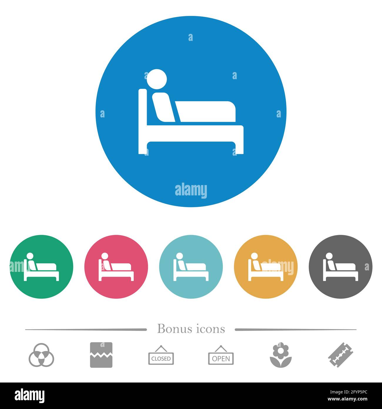 Inpatient flat white icons on round color backgrounds. 6 bonus icons ...