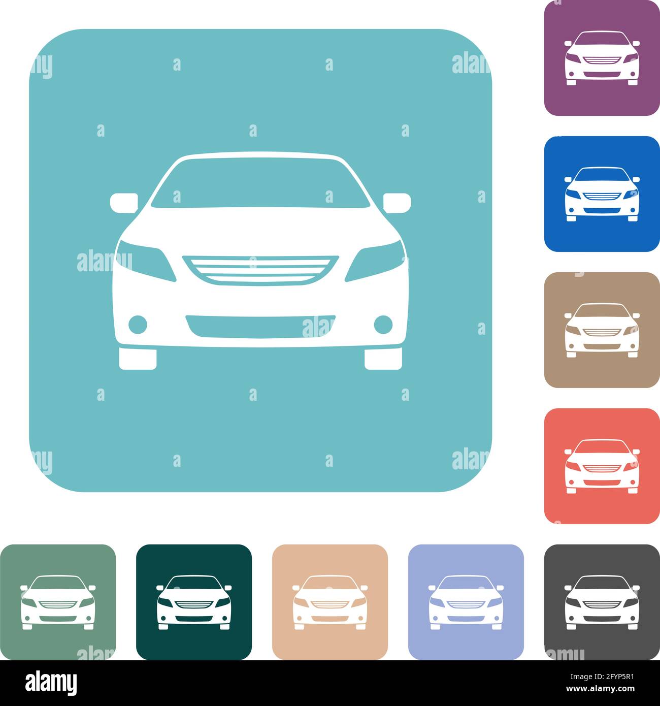 Sport car front view white flat icons on color rounded square ...