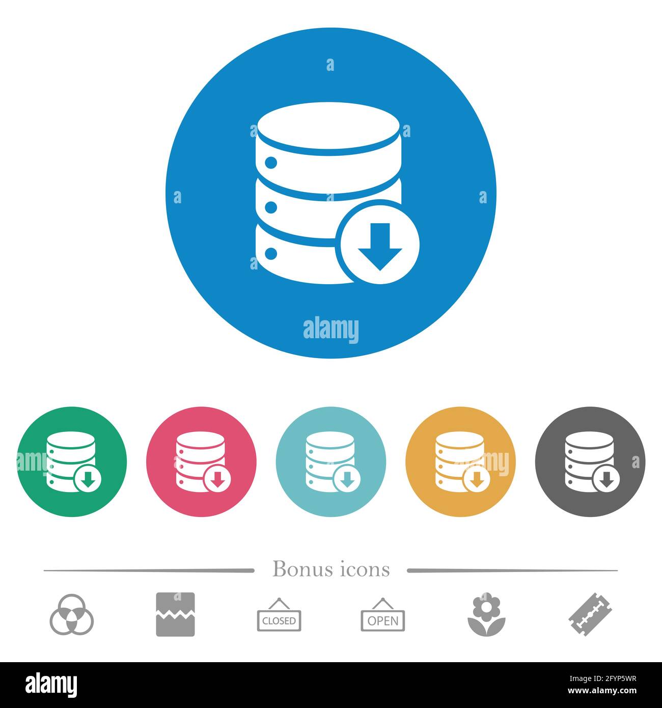Database down flat white icons on round color backgrounds. 6 bonus ...