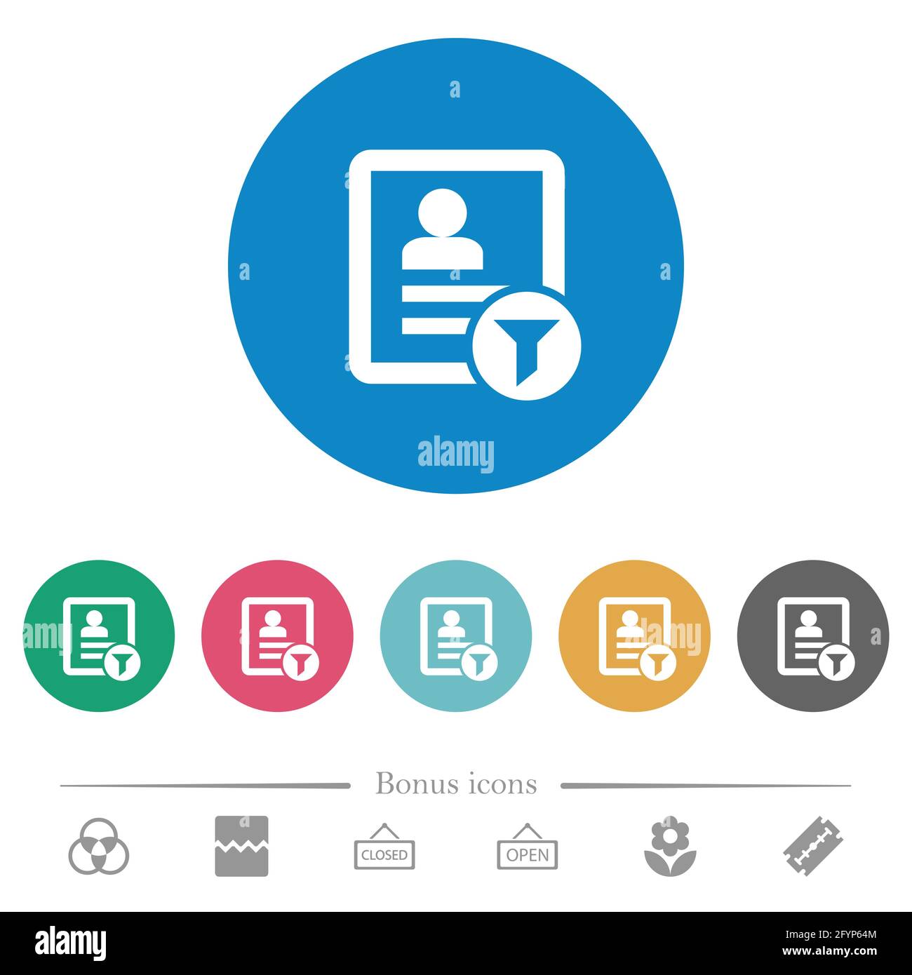Contact filter flat white icons on round color backgrounds. 6 bonus ...