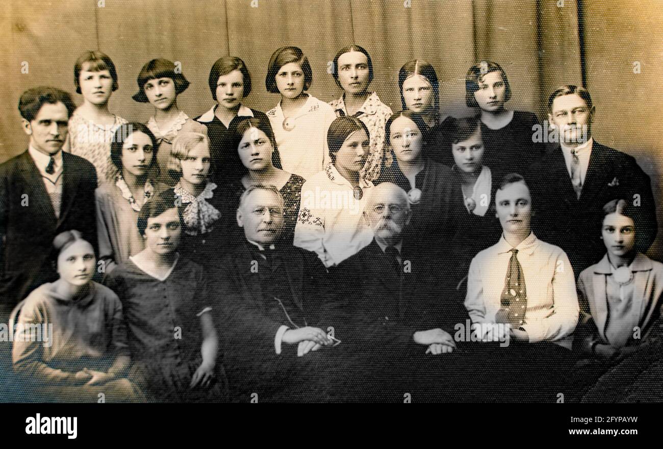 Latvia - CIRCA 1930s: A high school graduation group picture. Vintage historical archive photo Stock Photo