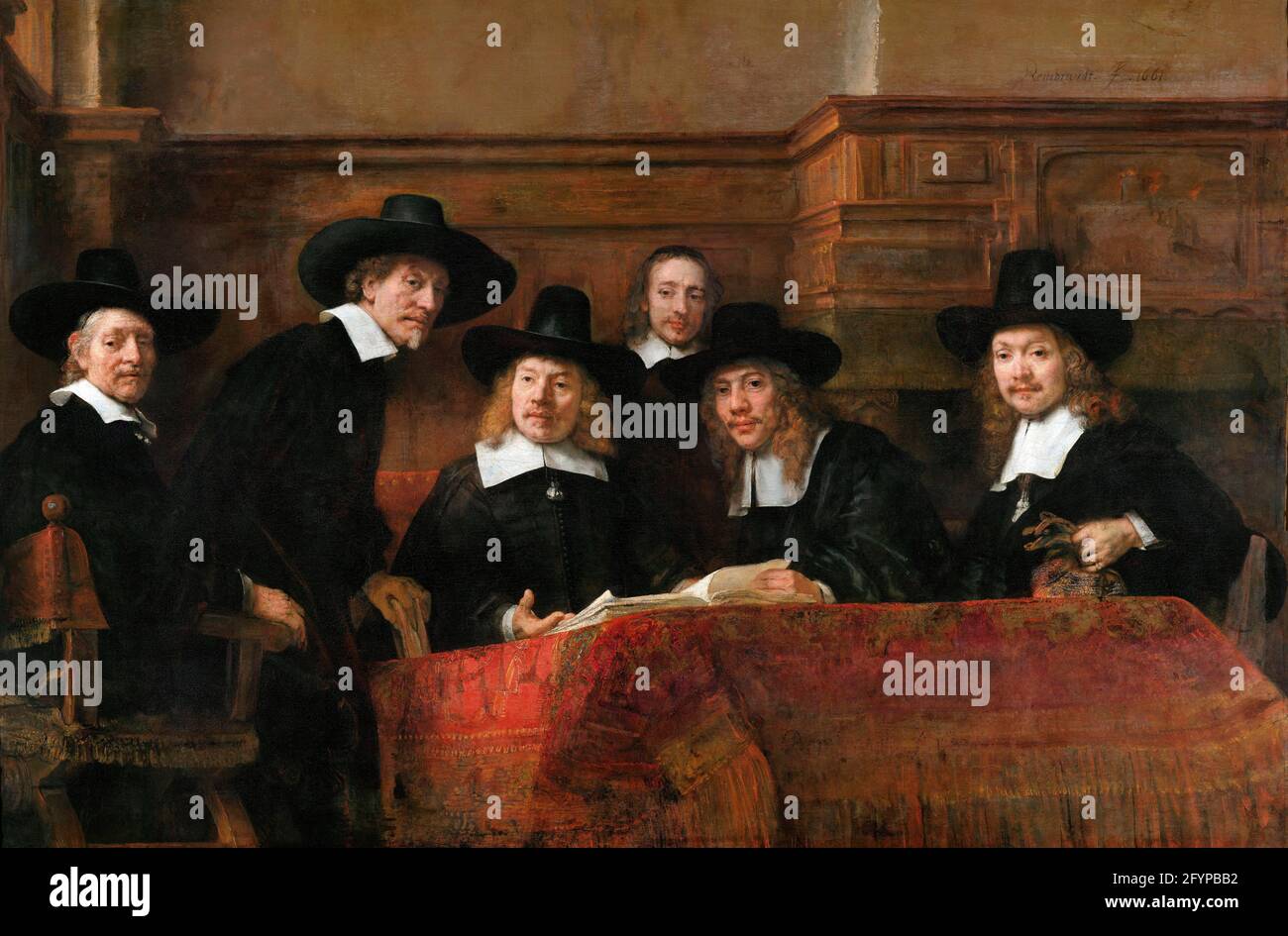 The Sampling Officials of the Amsterdam Drapers’ Guild, known as ‘The Syndics’ by Rembrandt van Rijn (1606-1669), oil on canvas, 1662 Stock Photo