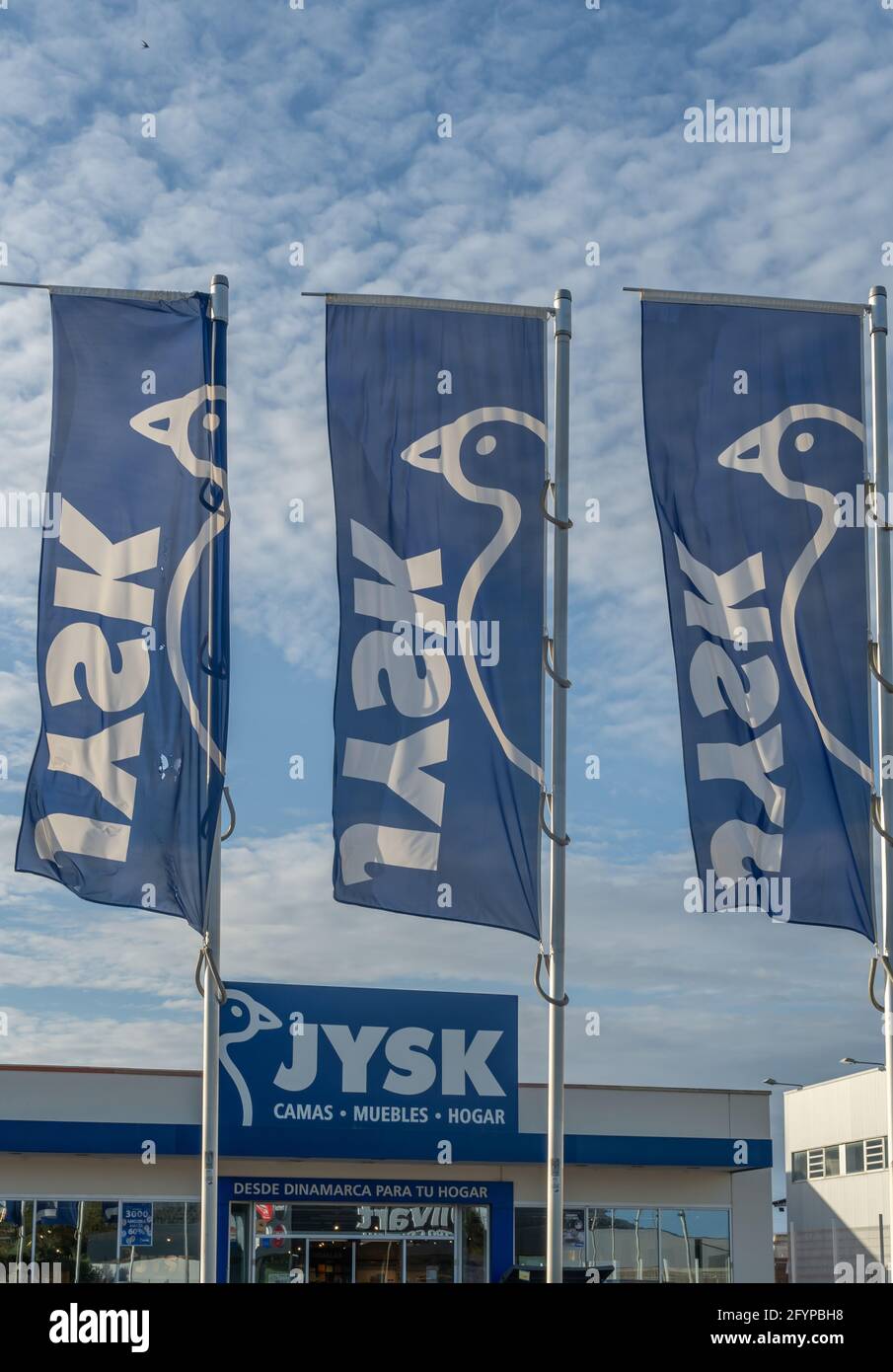 Manacor, Spain; may 28 2021: Advertising banners of the multinational  furniture and decoration company Jysk Stock Photo - Alamy