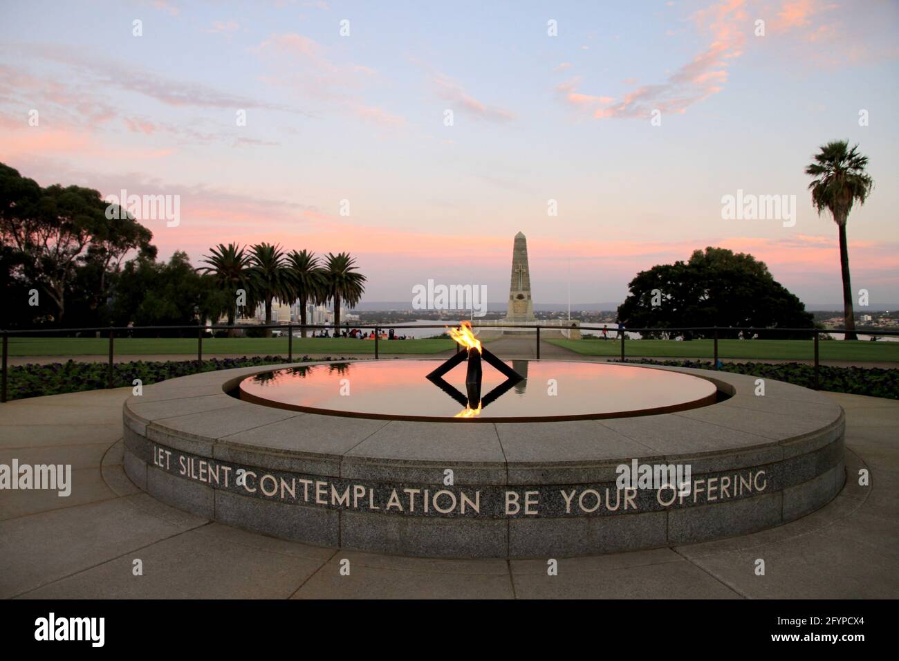 Kings Park Eternal Flame with State War Memorial behind Stock Photo