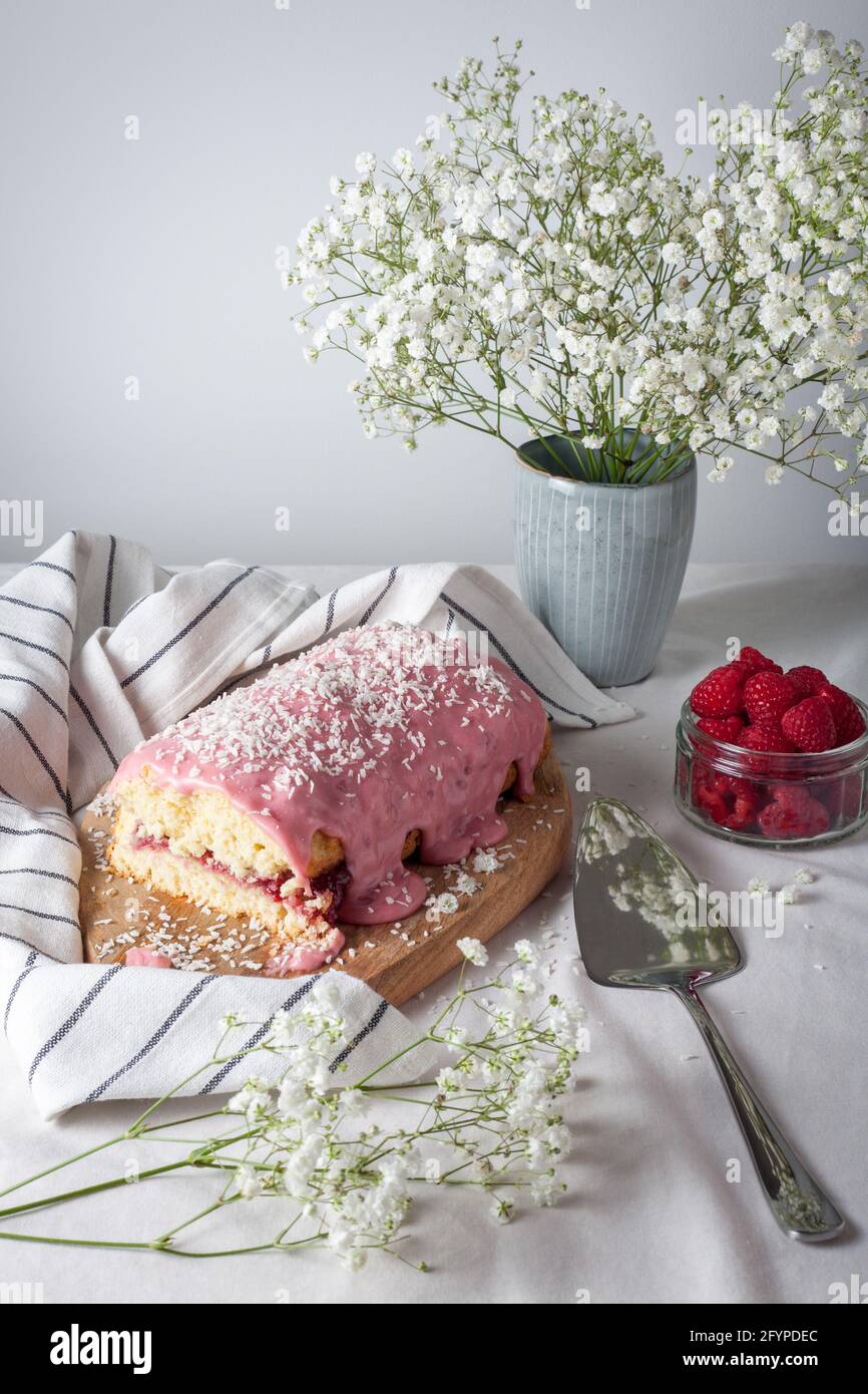 Raspberry and coconut cake still life Stock Photo Alamy