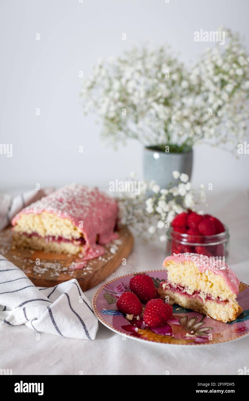 Raspberry and coconut cake still life stock photo alamy