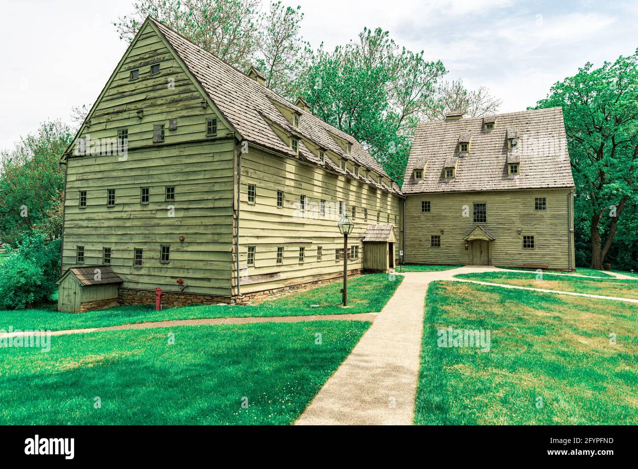 Ephrata, PA, USA - May 11, 2021: Buildings at the Ephrata Cloister grounds and historic area in Lancaster County, PA. Stock Photo