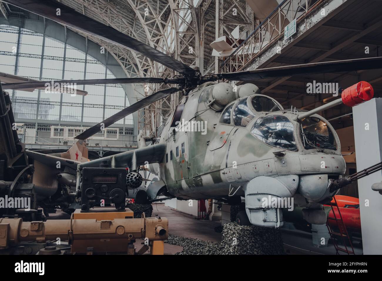Brussels, Belgium - August 17, 2019: Mil Mi-24D HIND-D attack helicopter in The Royal Museum of the Armed Forces and Military History, famous military Stock Photo