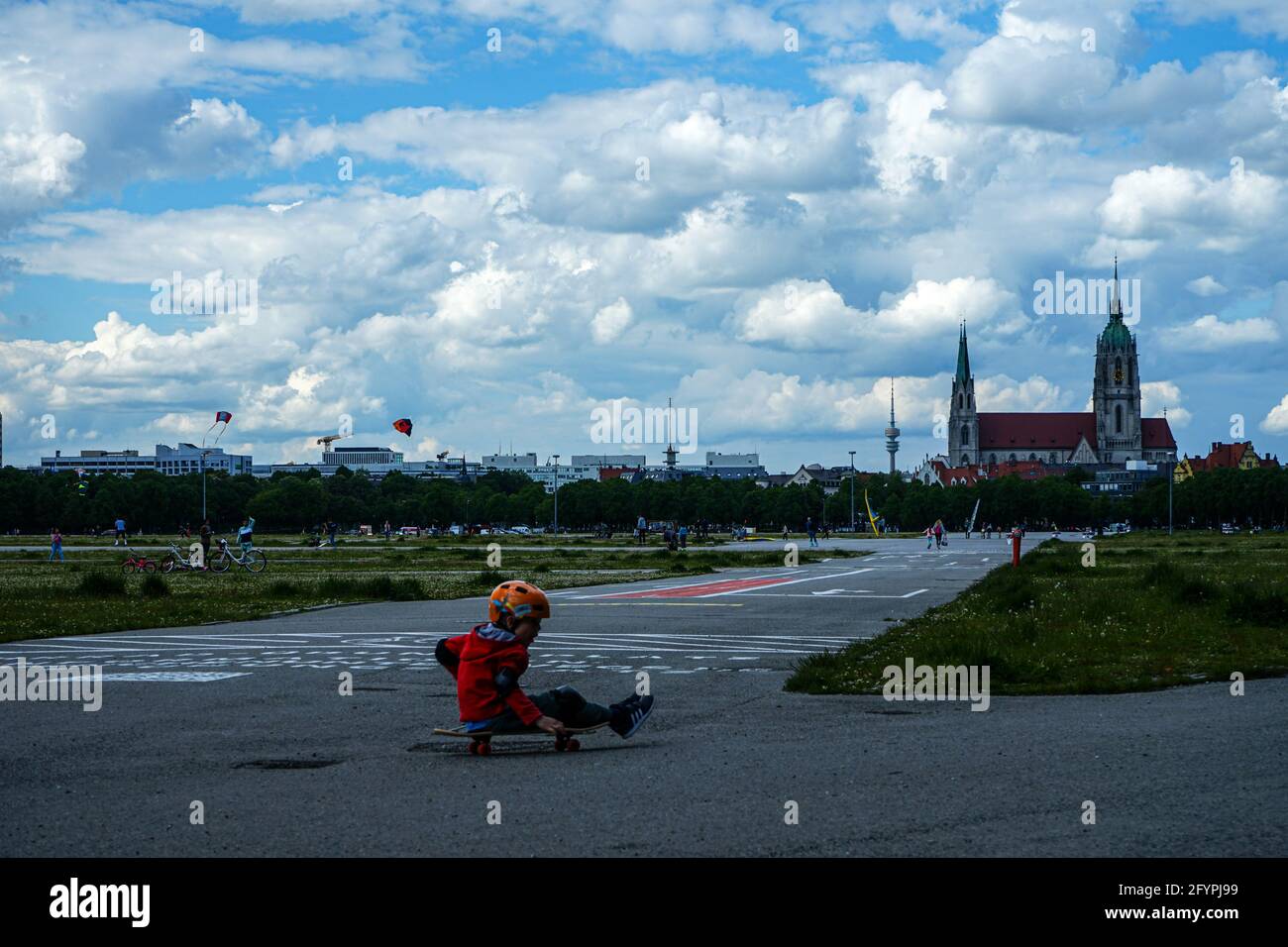 The Theresienwiese in Munich, where the Oktoberfest usually takes place every year, is used by residents for sport and leisure. Stock Photo