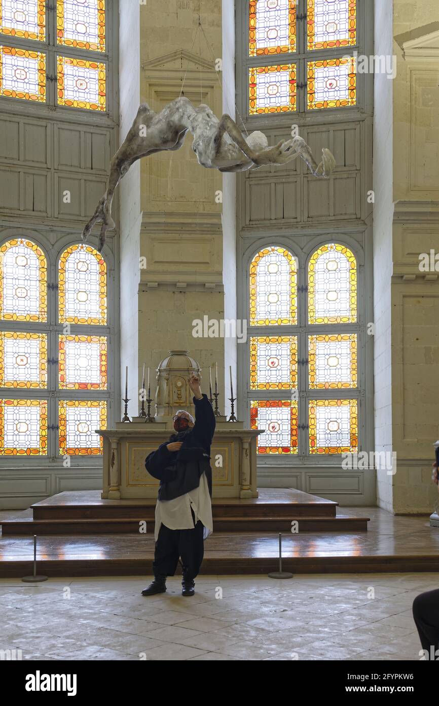 Chambord, France. 27th May, 2021. Artist Lydie Arickx poses in front of her work during the press opening of ARBORESCENCES at the Château de Chambord Stock Photo