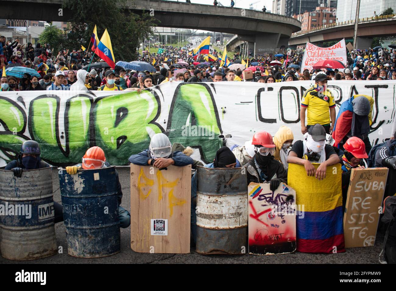 New day of protests in Bogotá in the context of the month-long commemoration of the start of the national strike in Colombia against the Government of Ivan Duque, on March 28, 2021. Stock Photo
