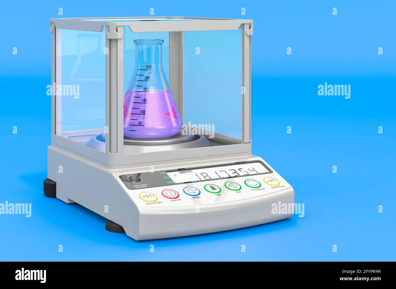 Analytical balance, digital lab scale with chemical flask on blue background, 3D rendering Stock Photo