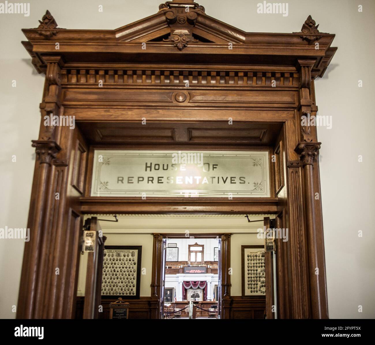 Doorway leading into the House of Representatives Chambers in the Texas State Capitol building in Austin, Texas, USA Stock Photo