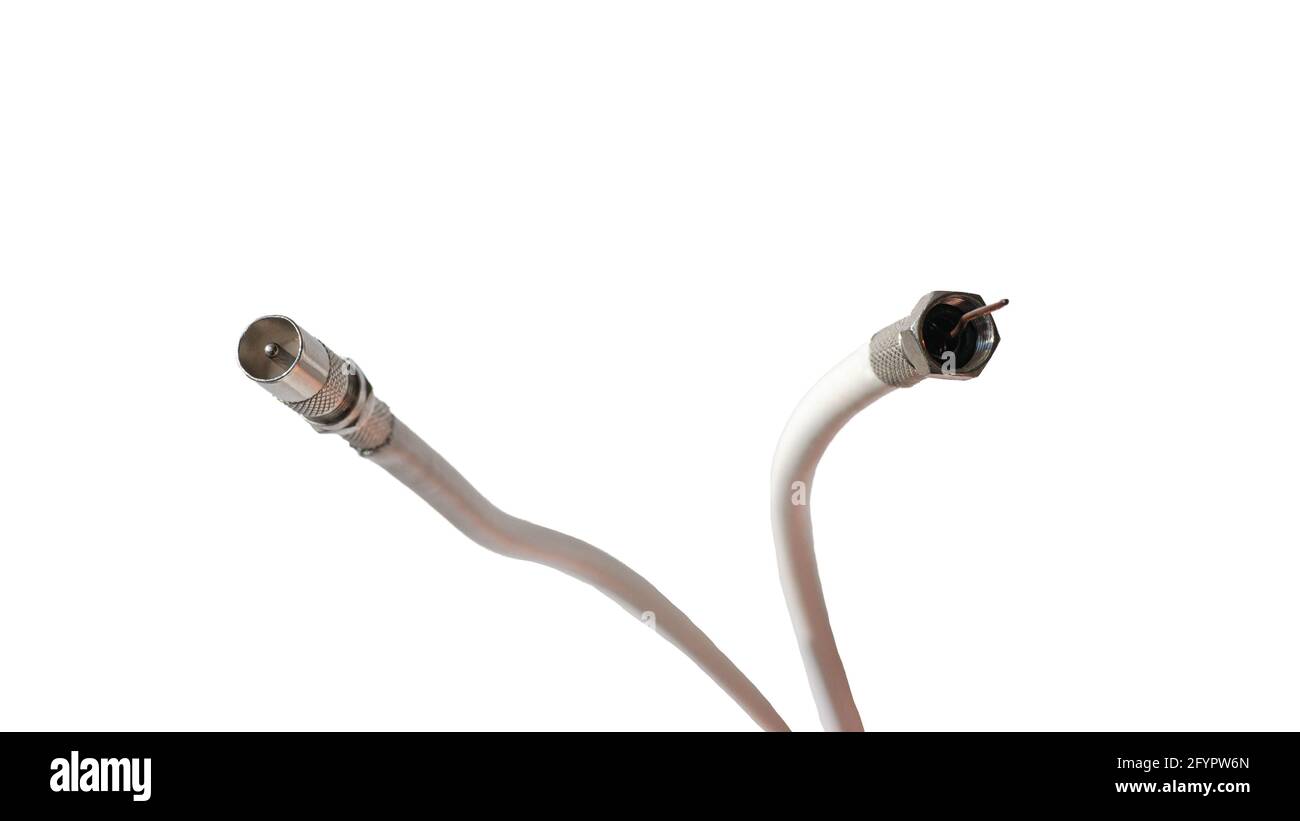 Antenna and TV cord with copy space. PAL antenna cable, plug, antenna