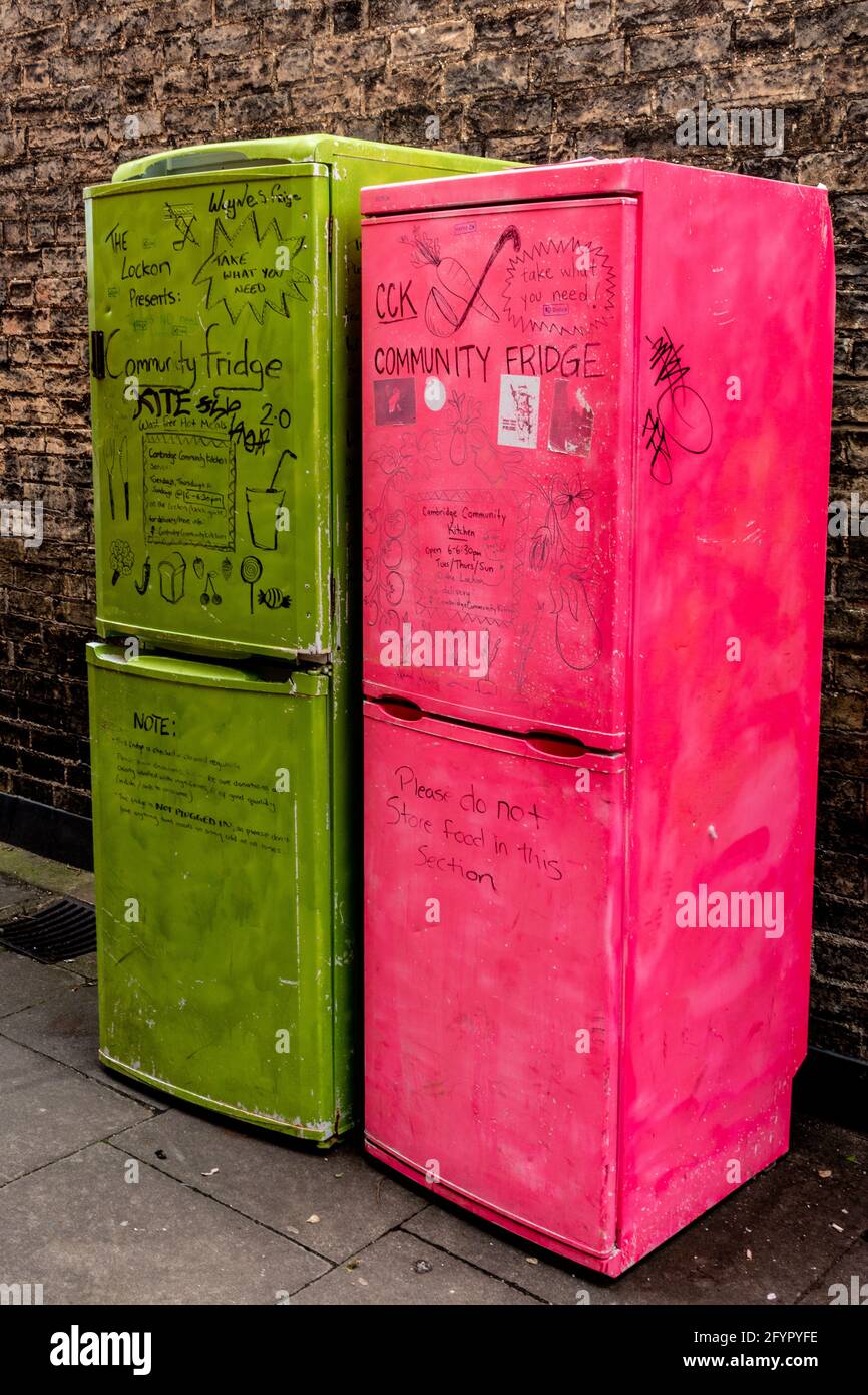 Community fridges at the Lockon squat (previously the Hopbine pub) on Fair St, Cambridge. Stock Photo
