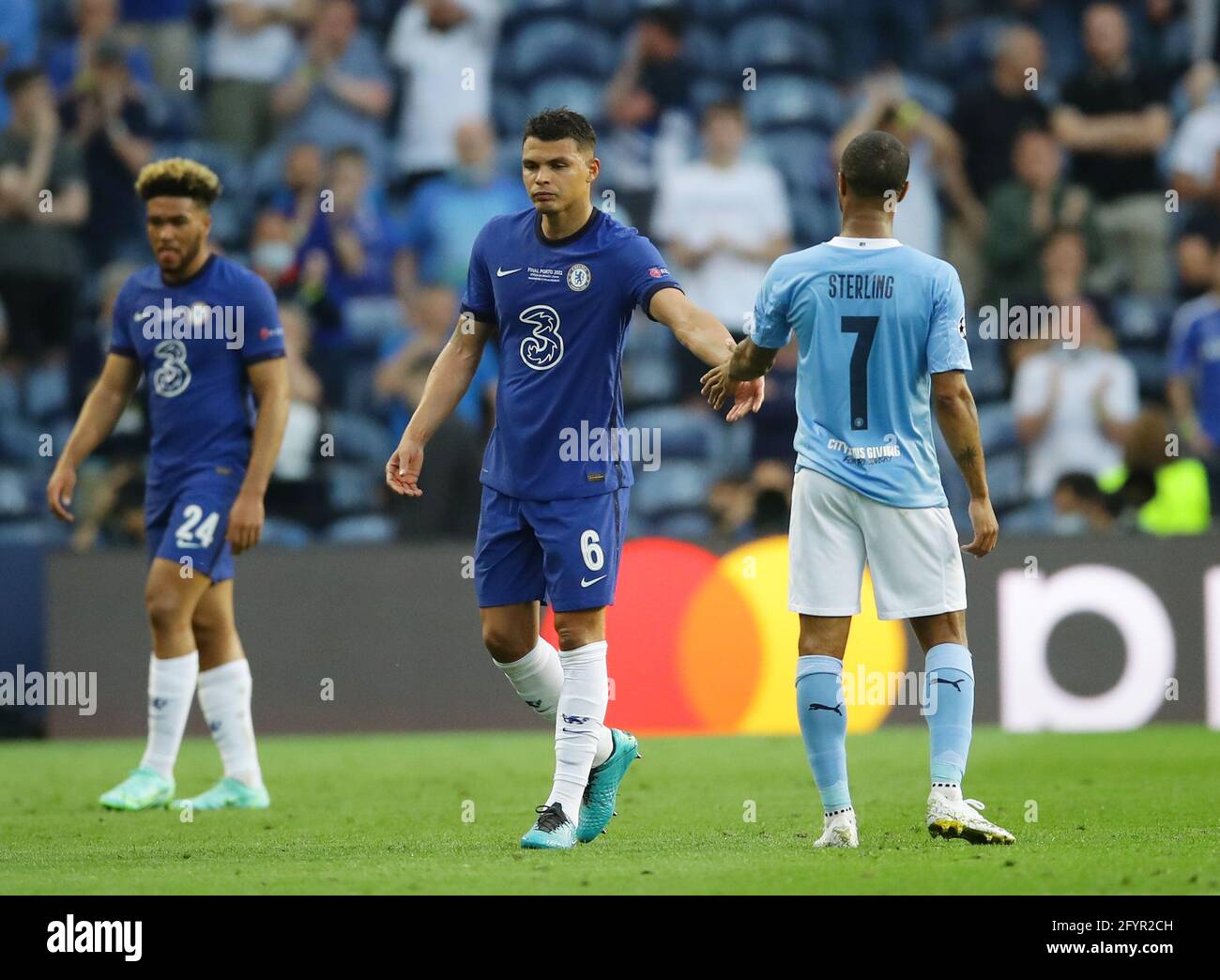 Porto, Portugal, 29th May 2021. Thiago Silva of Chelsea leaves the game  injured during the UEFA