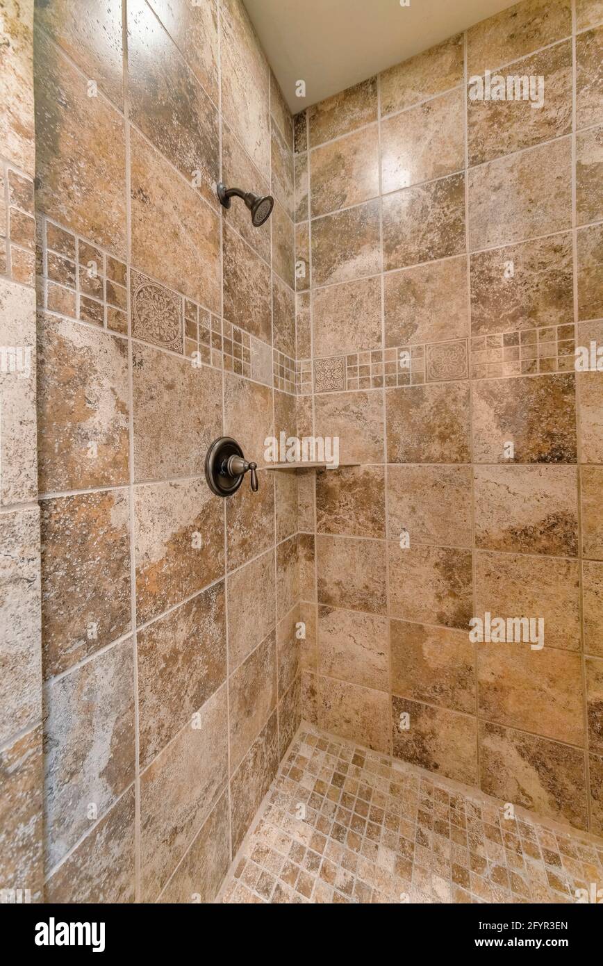 Luxury shower cabin design with marble brown tiles Stock Photo Alamy