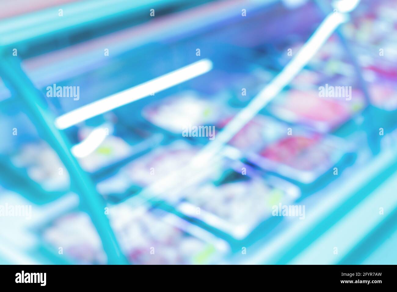 defocused meat refrigerated display case Stock Photo