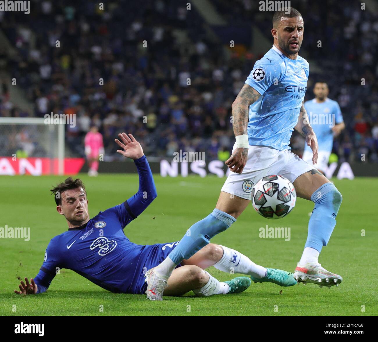 PORTO, PORTUGAL - MAY 29: Kyle Walker of Manchester City is tackled by Ben Chilwell of Chelsea during the UEFA Champions League Final between Manchester City and Chelsea FC at Estadio do Dragao on May 29, 2021 in Porto, Portugal. (Photo by MB Media) Stock Photo