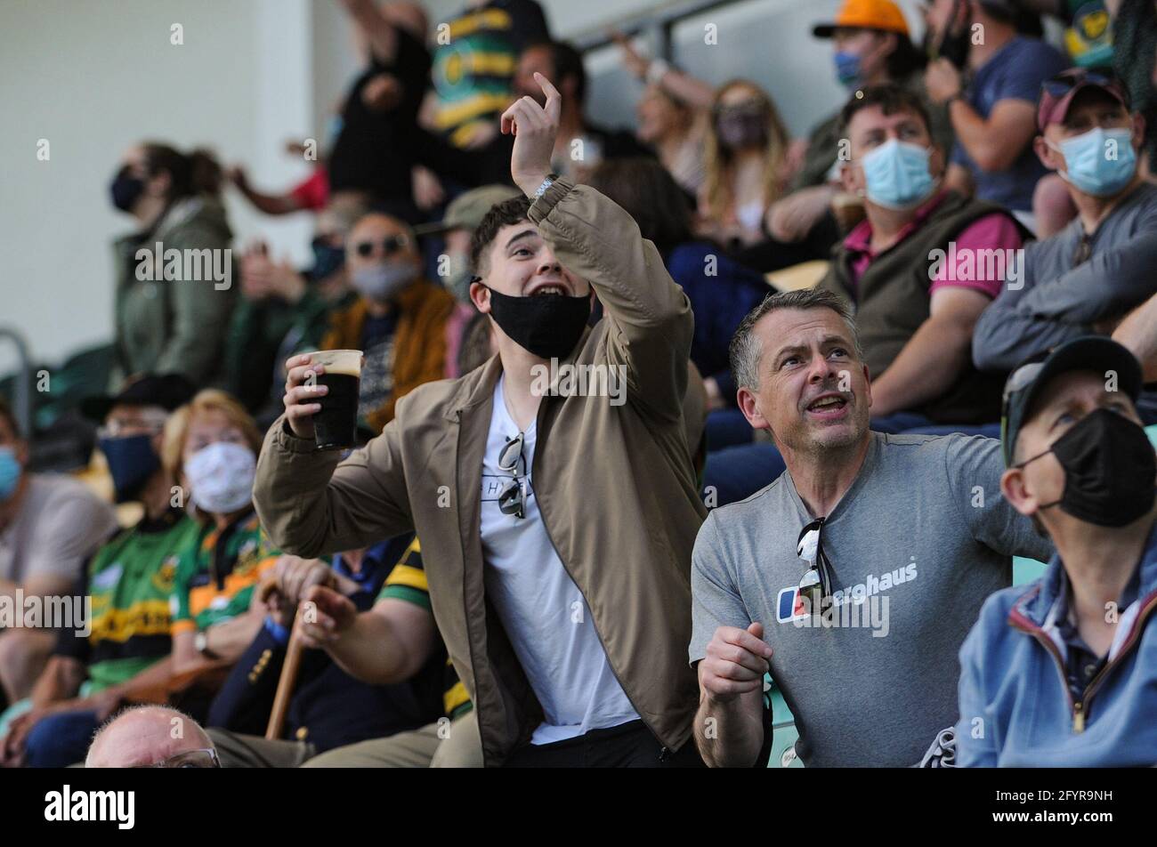 Northampton Fans watch their side score a try during the Gallagher Premiership match between Northampton Saints and Wasps at Franklin's Gardens, Northampton on Saturday 29th May 2021. (Credit: Ben Pooley | MI News) Credit: MI News & Sport /Alamy Live News Stock Photo