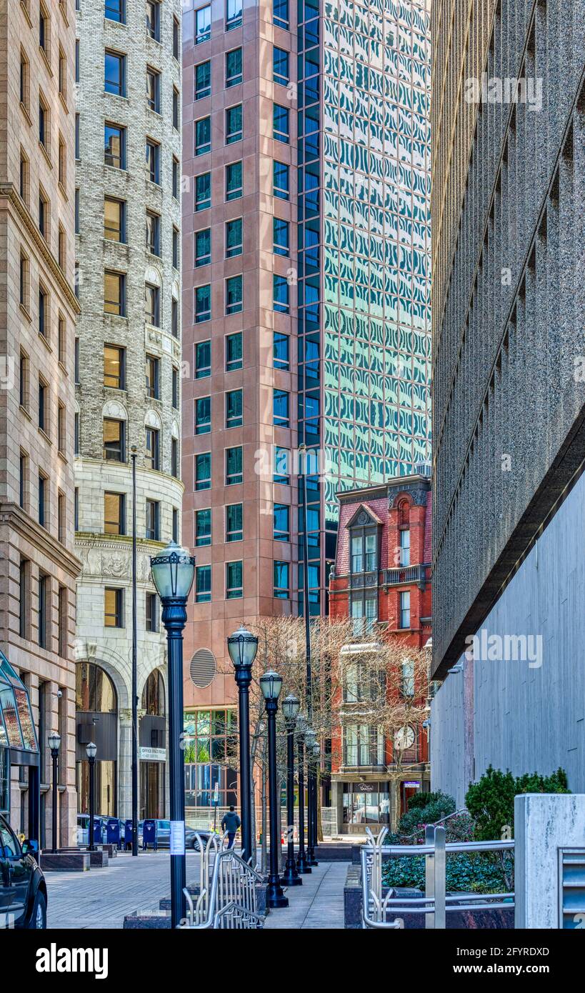 Plaza view: Contrasting colors and styles of Amica Building, Turk's Head Building, Fleet Center, Exchange Building, Old Stone Tower (Textron HQ). Stock Photo