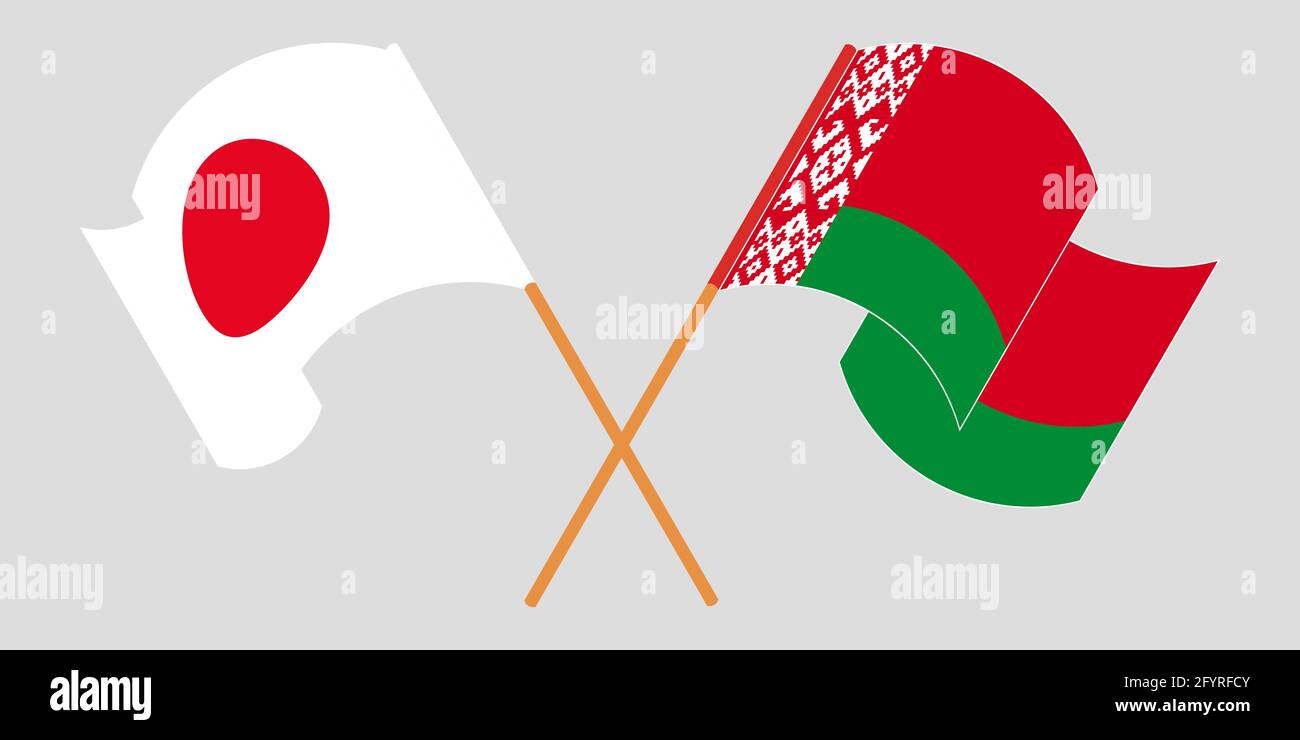 Crossed and waving flags of Belarus and Japan. Vector illustration Stock Vector