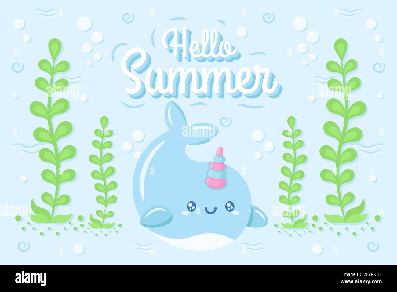 Hello Summer cute whale drawing under the water creative design Stock Vector