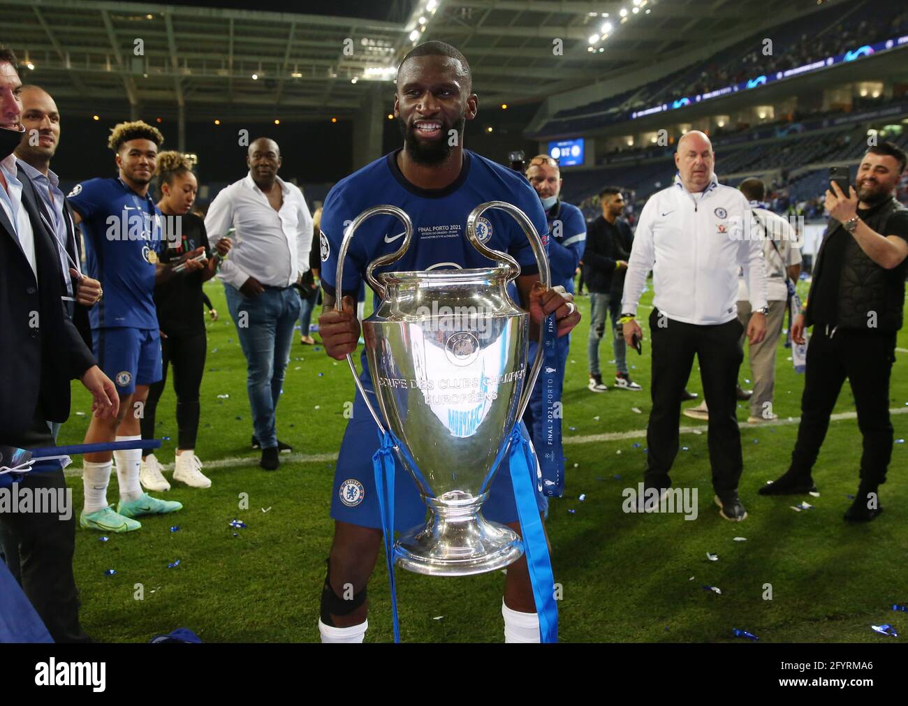 Porto, Portugal, 29th May 2021. Antonio Rudiger of Chelsea with the trophy  during the UEFA Champions League match at the Estadio do Dragao, Porto.  Picture credit should read: David Klein / Sportimage