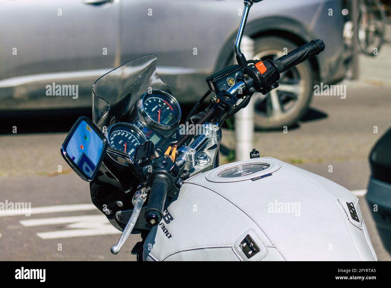 Reims France May 29, 2021 Closeup of the mechanics of a motorcycle parked  in a parking lot located in the city center of Reims Stock Photo - Alamy