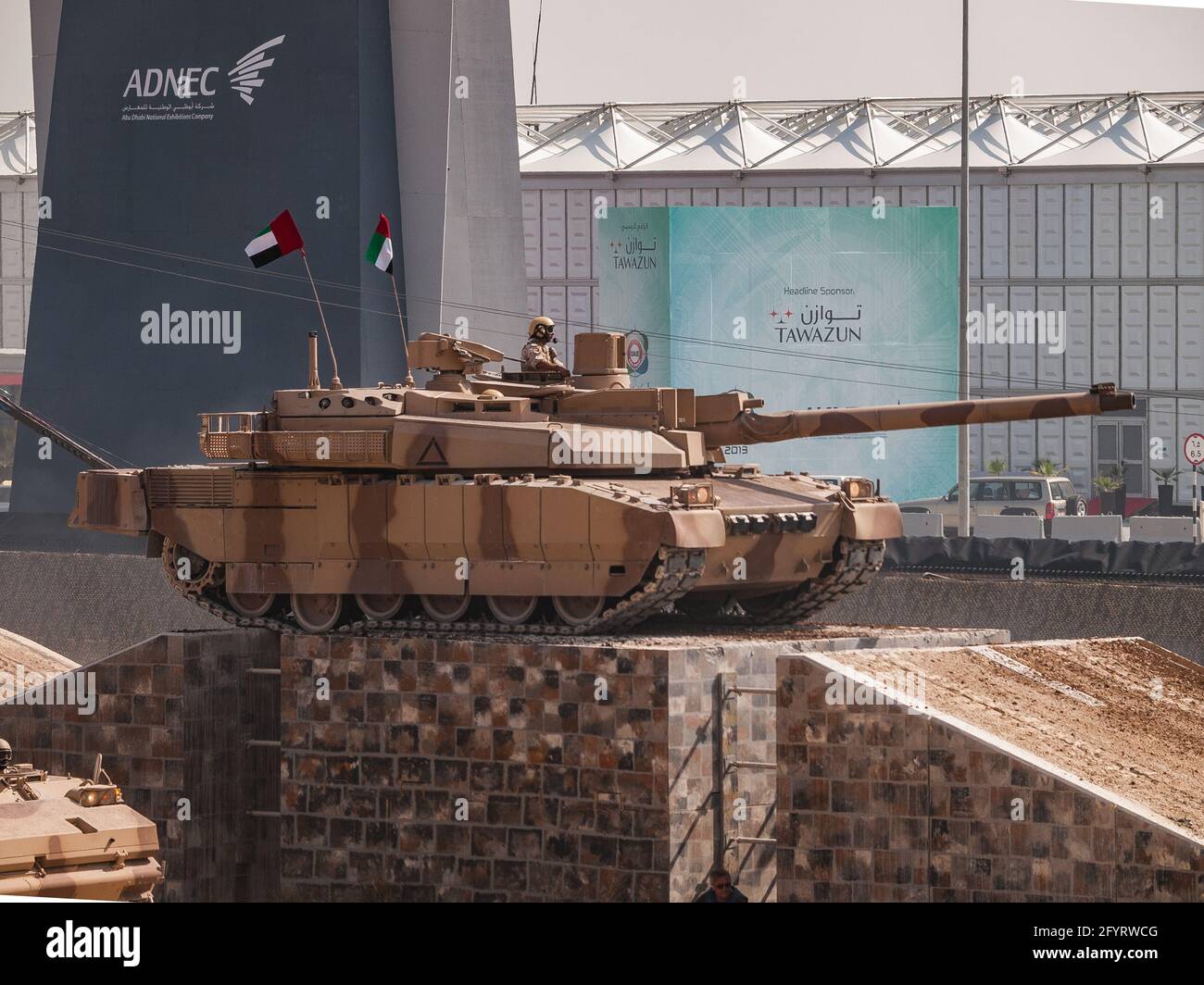 Abu Dhabi, UAE - Feb.20.2013: UAE (United Arab Emirates) Armed forces Leclerc MBT (Main Battle Tank) at IDEX 2013 military exibition Stock Photo