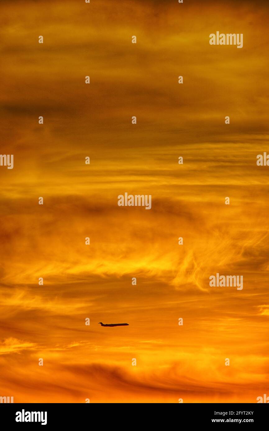 An airplane flying in the golden sunset sky Stock Photo - Alamy