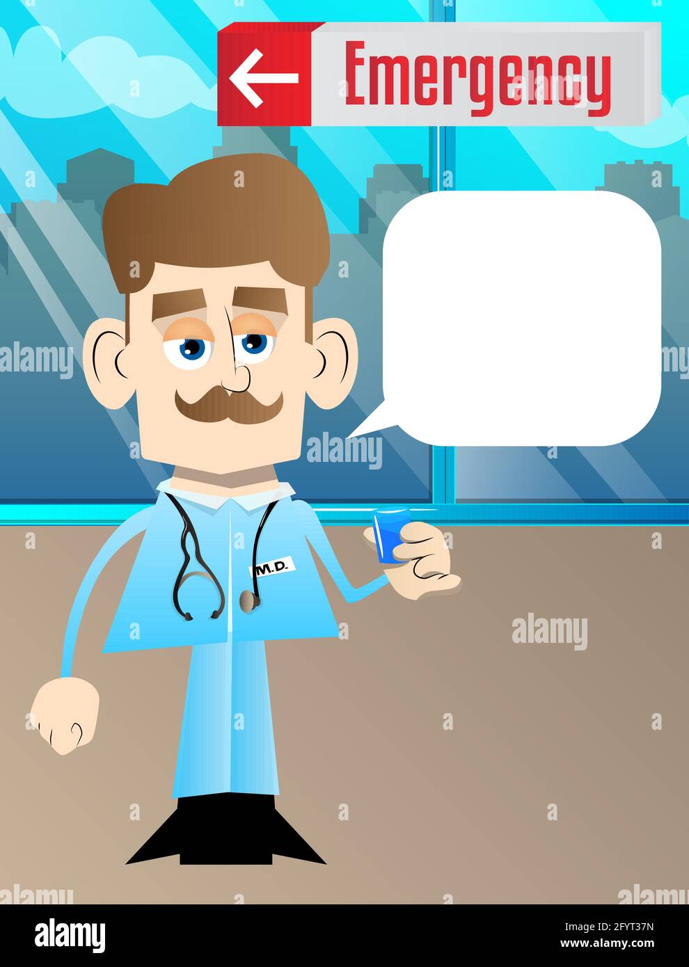 Funny cartoon doctor drinking brandy. Vector illustration. Health care