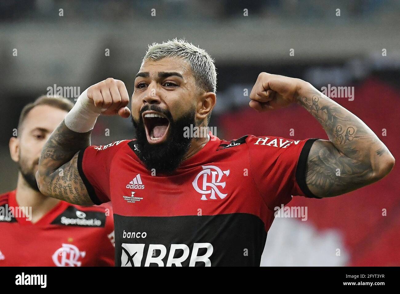 Rio de Janeiro, Brazil, May 15, 2021. Soccer player Gabriel Gabigol of the Flamengo team celebrates his goal during a match against Fluminense for the Stock Photo