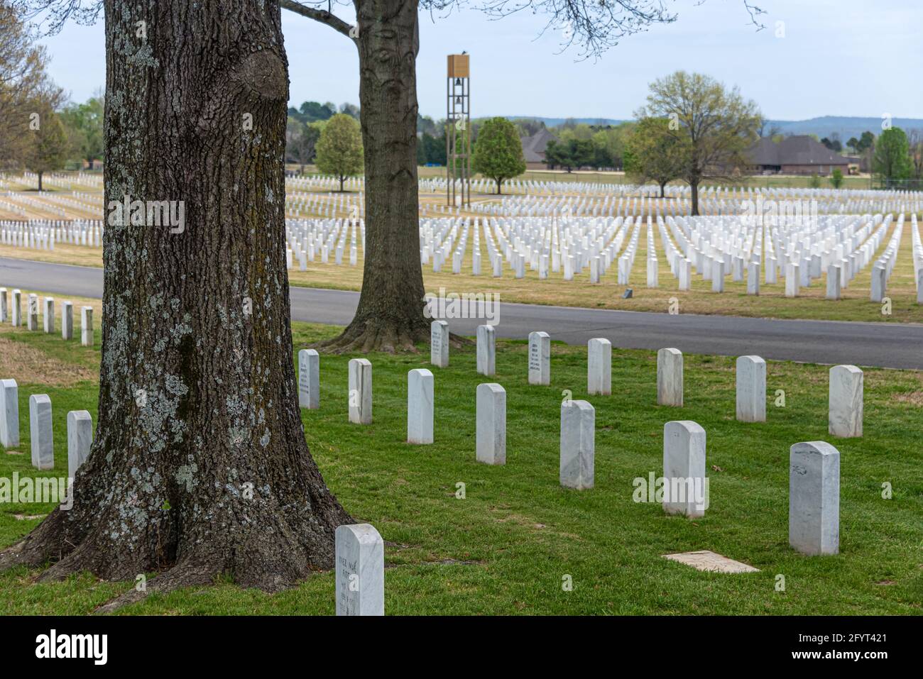Fort Gibson National Cemetery with Carillon Tower in Fort Gibson, Oklahoma. (USA) Stock Photo