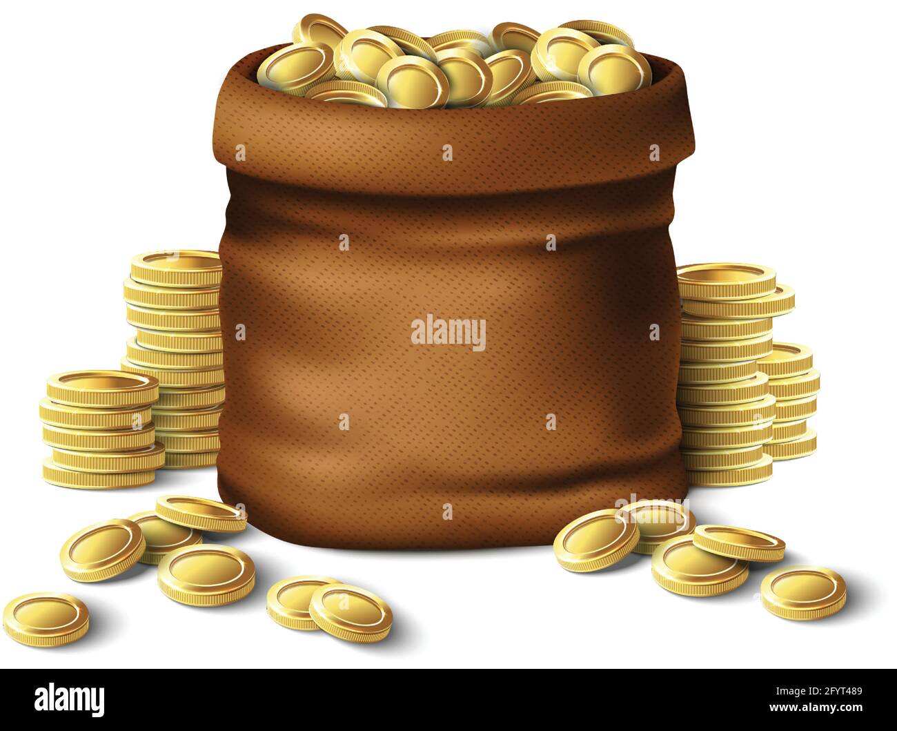 3d realistic vector money brown sack with golden coins. Isolated on white background icon illustration. Stock Vector