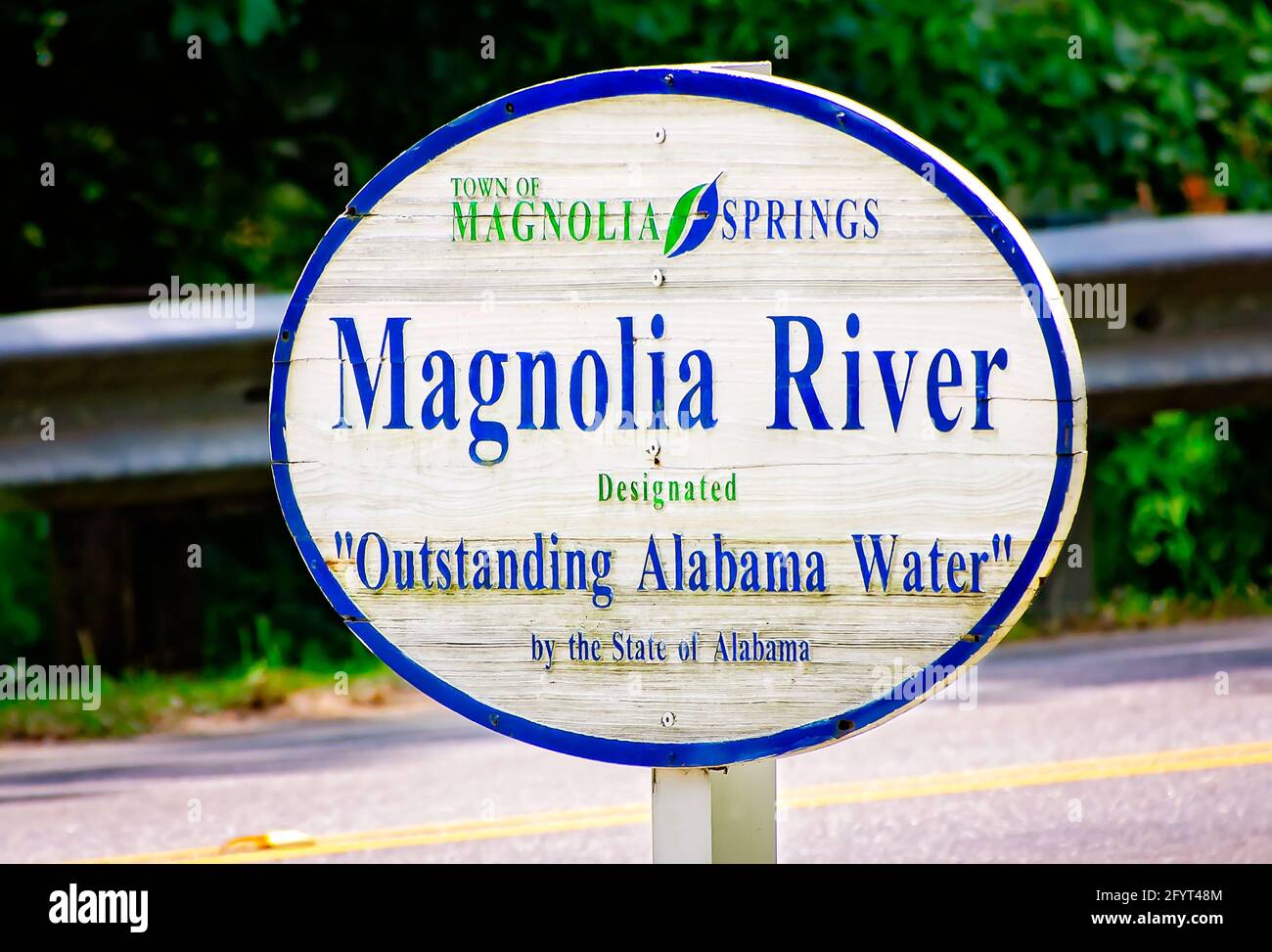 A sign lists the Magnolia River as “Outstanding Alabama Water,” May 27, 2021, in Magnolia Springs, Alabama. Stock Photo