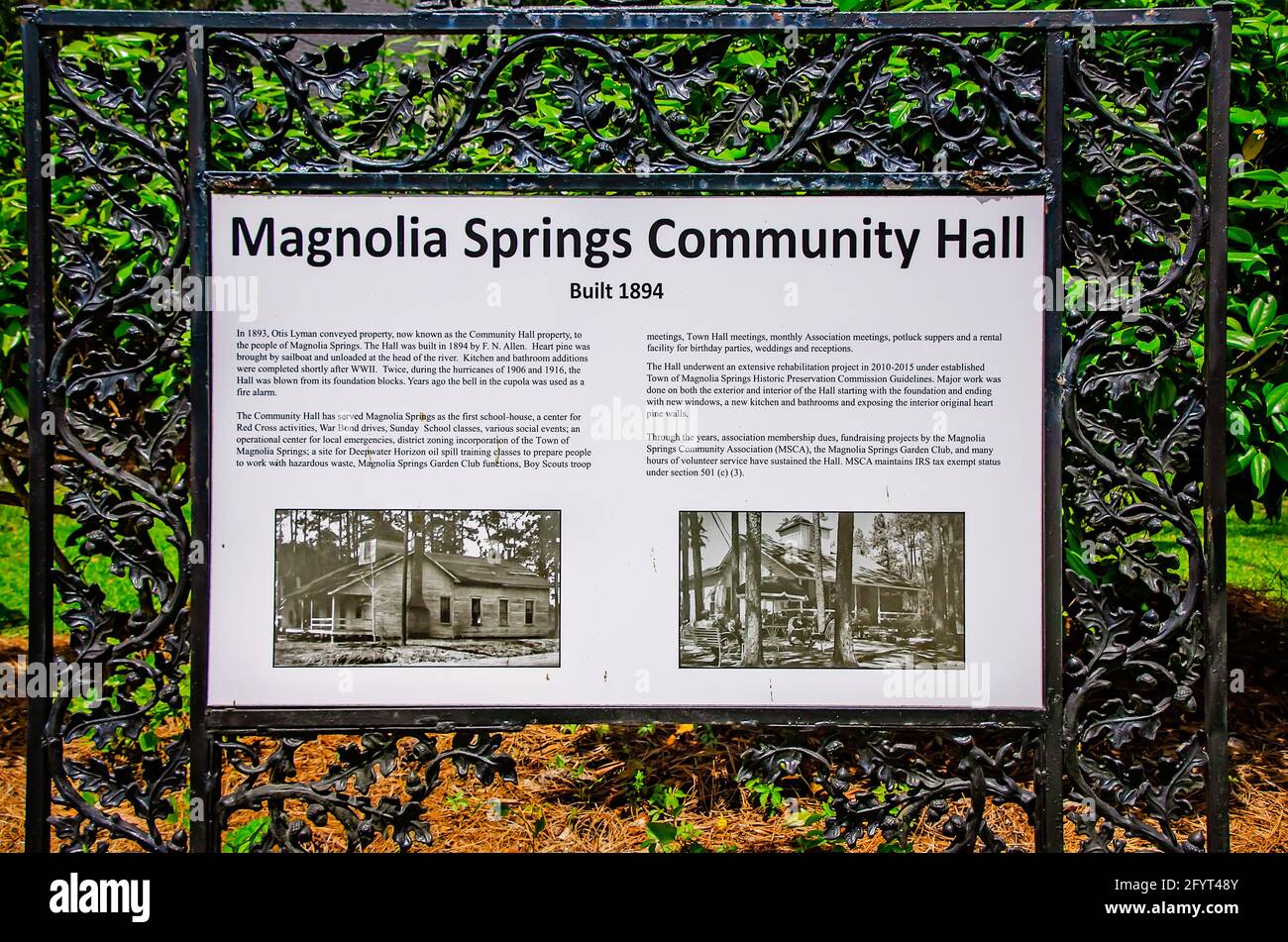 A sign giving information about Magnolia Springs Community Hall is pictured, May 27, 2021, in Magnolia Springs, Alabama. Stock Photo