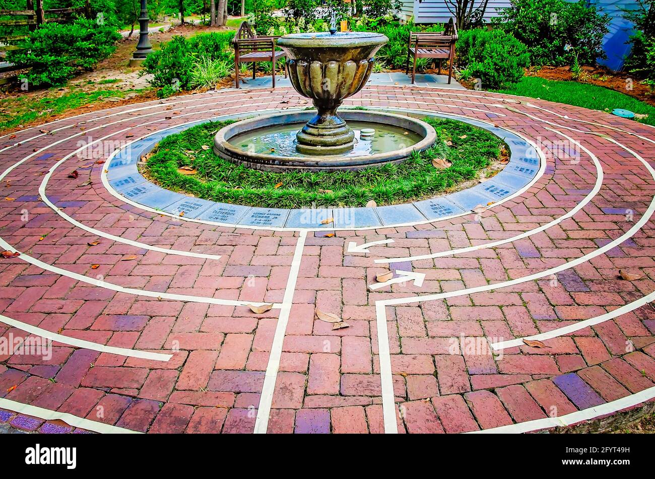 A walking labyrinth is the centerpiece of the garden at St. Paul’s Episcopal Church, May 27, 2021, in Magnolia Springs, Alabama. Stock Photo