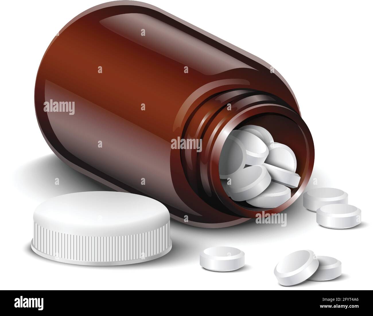 3d realistic vector tilted brown glass bottle of medicine with white pills, isolated on white background. Stock Vector
