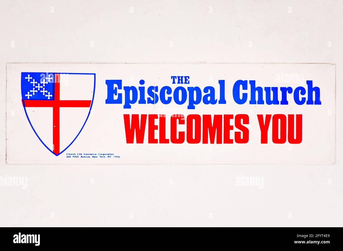 A sign on the door of St. Paul’s Episcopal Church says, “The Episcopal Church Welcomes You,” May 27, 2021, in Magnolia Springs, Alabama. Stock Photo