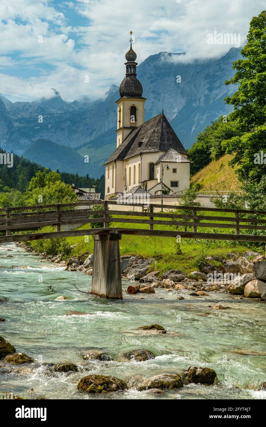 St Sebastians Kirche and River Tal, Ramsau, near Berchtesgaden, Germany Stock Photo