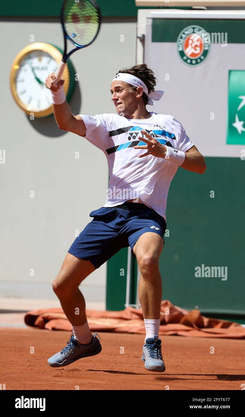 Paris, France. 29th May, 2021. Casper Ruud of Norway during practice ahead  of the French Open 2021, a Grand Slam tennis tournament at Roland-Garros  stadium on May 29, 2021 in Paris, France -