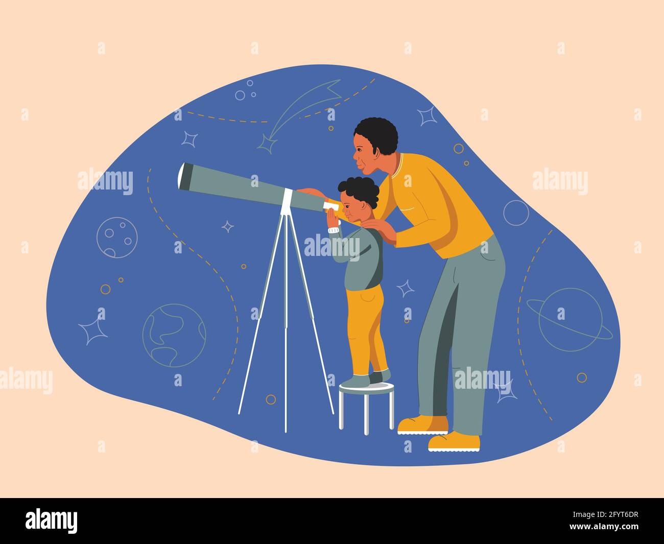 Father and young son star watching with telescope Stock Vector