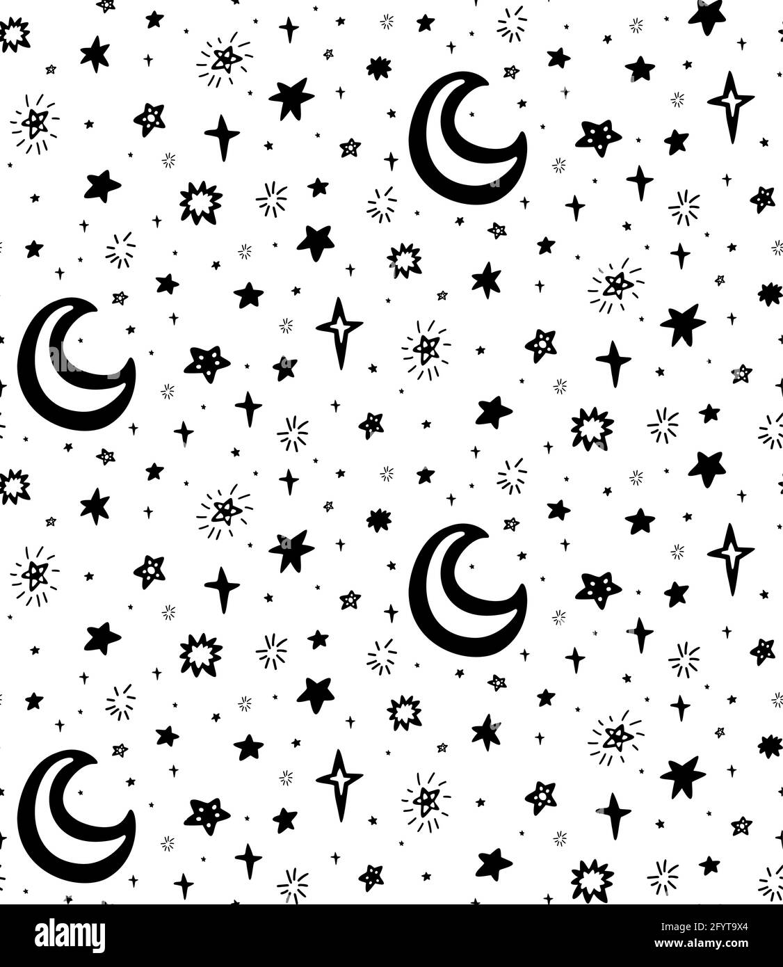 Seamless childish cosmos pattern with black silhouette of stars and moon on white background. Vector monochrome texture of the universe with dots. Vec Stock Vector