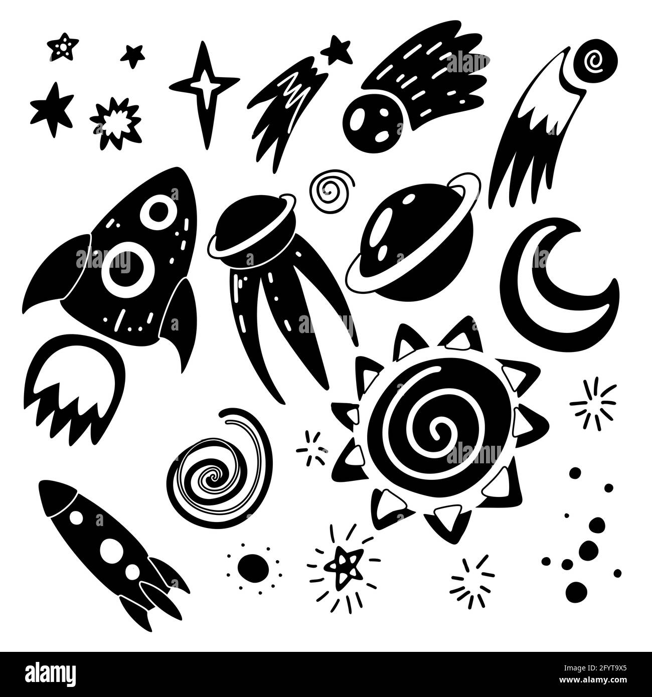 Set Of Black Silhouette Of Childish Cosmos Element With Stars Moon Shuttle Spacecraft And Meteor With Decoration Vector Print Cartoon Object Of Th Stock Vector Image Art Alamy