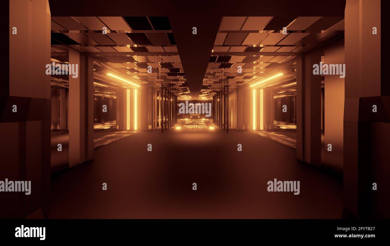 A 3D rendering of the futuristic glowing neon brown lights tunnel Stock ...