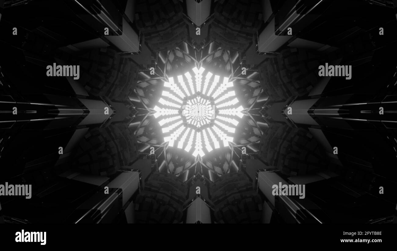 A 3D rendering of kaleidoscopic futuristic wallpaper in vibrant black and white colors Stock Photo